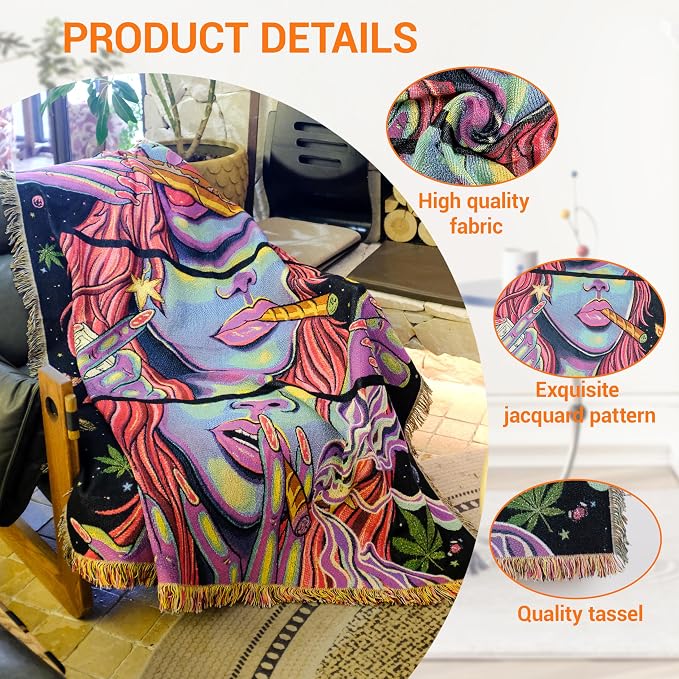 Trippy Throw Blanket for Couch Bed Lounge Chair Hippy Trippy Boho Chair Throw Blanket Hippie Hippy Wall Tapestry Woven Throws Blankets Smoking Weed Accessories Marijuana Cannabis Boho Room Decor 51x59