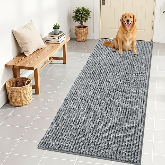 OLANLY Dog Door Mat for Muddy Paws 70x24, Extra Absorbent Chenille Mud Mat | Grey, Absorbs Moisture and Dirt, Non-Slip Machine Washable Doormat, Quick-Drying Indoor Entryway Floor Mat for Dogs