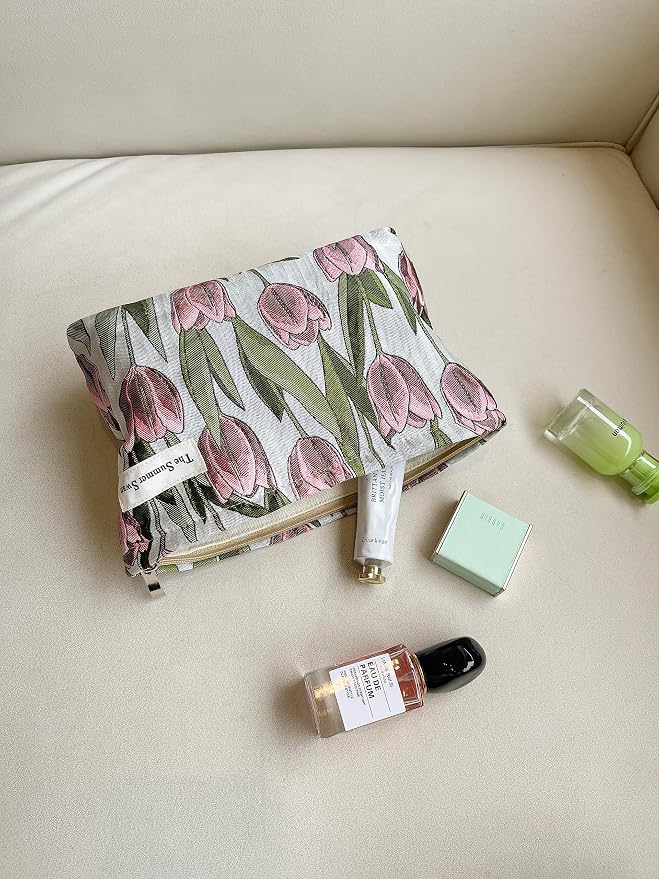 The Summer Swan | Large Aesthetic Makeup Bag Floral Mid-day Clutch Period Kit Hygiene Skincare Cute (Burgundy Tulip)