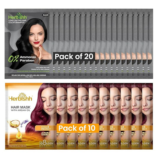 Herbishh Hair Color Shampoo for Gray Hair – Natural Ammonia-Free Hair Dye with Argan Hair Mask – Long Lasting Black Coverage – Easy to Use Travel Pack – 20 Color Shampoo Pouches + 10 Hair Masks