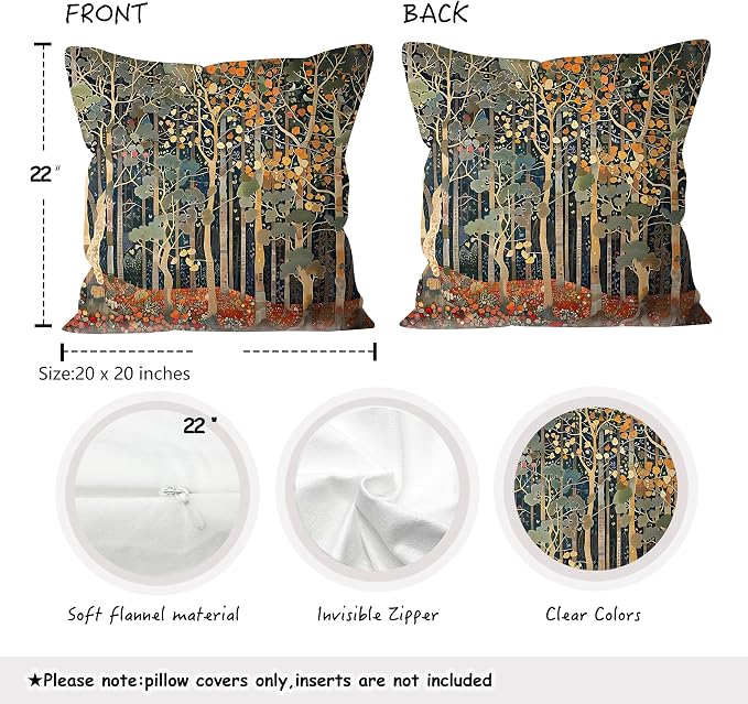 454 Rustic William Morris Style Fall Forest Pillow Covers 22x22 | Fall Autumn Home Room Decor, Vintage Botanical Nature Decorative Throw Pillow Covers for Home Bedroom Living Room Set of 4