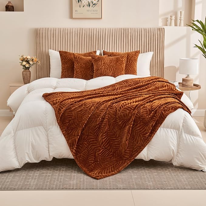 Super Soft Flannel Fleece Fall Bed Blanket, 90 x 90 Inches, Caramel | Lightweight Cozy Warm Leaves Textured Plush Blanket as Bedspread Coverlet Bed Cover for All Seasons