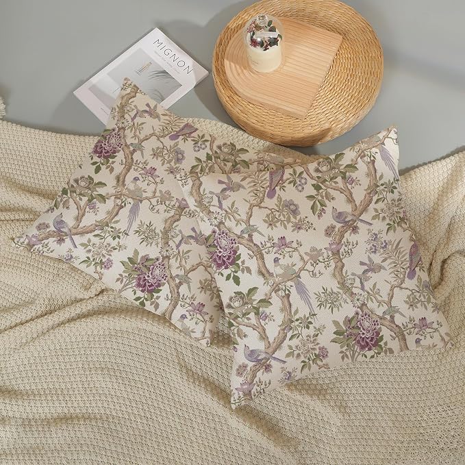 Chinoiserie Pillow Covers 18x18 Set of 2 Purple Green Floral Bird Throw Pillows Vintage Flowers Bird Decorative Pillow Cases Outdoor Chinoiserie Decor Farmhouse Cushion Case for Couch Sofa