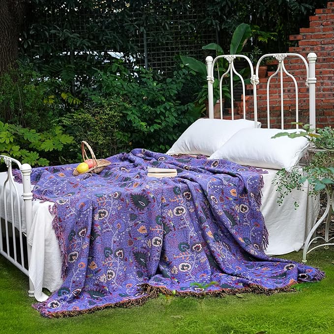LUTBM Boho Throw Blanket for Bed 60"x80", 100% Cotton Purple Couch Blankets | Reversible Floral Embroidery, All-Season Soft Quilt, For Chair Sofa Living Room, Lightweight Breathable Gauze, Home Decor