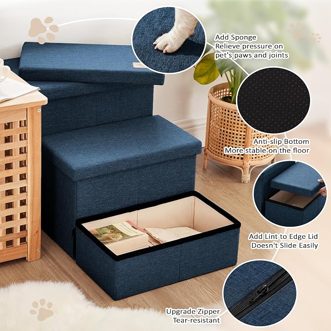 Love's cabin Dog Stairs for High Bed, Foldable Pet Stairs for Small Medium or Large Dogs Puppy with Storage for Bed or Couch, Cat Dog Steps Ramp with Zip up to 200 lbs, Navy Blue, 3 Steps