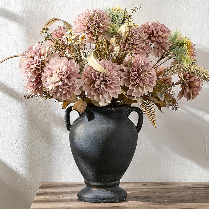 PORCER Ceramic Rustic Flower Vase with Handles, 8.36 Inch Tall Vintage Pottery Home Decor, Farmhouse Terracotta Vase for Living Room, Table, Shelf, Mantel Decoration, Farmhouse- Black Bronze