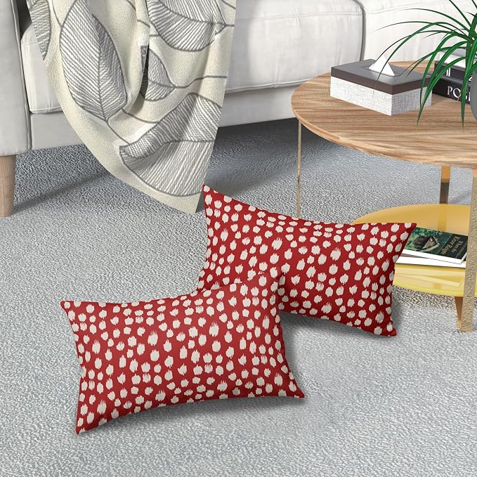 Sweetshow Red Cream Dots Lumbar Pillow Covers 12x20 Set of 2 Boho Design Polka Dot Print Throw Pillows Modern Outdoor Decorative Pillowcase Rectangle Linen Cushion Cases Decor for Sofa Couch Bed