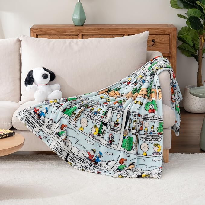 Berkshire Blanket Peanuts® VelvetLoft® Cute Character Snoopy Plush Oversized Throw Blanket, Peanuts Christmas Comic Strip Colorized White (50in x 60in)