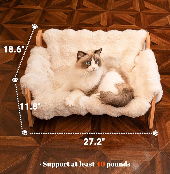 Elevated Cat Couch Bed Wooden Raised Kitty Sofa Lounge Chair | Washable Fluffy Cover Wooden Elevated Pet Furniture for Indoor Cats and Puppy(White)