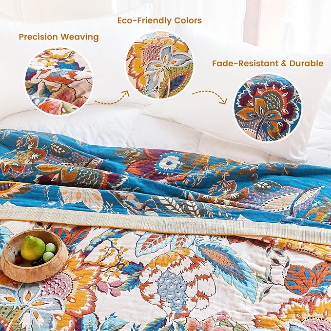 MSGKV Boho Throw Blanket 90"x108" 100% Cotton Floral Blanket King Bed Decor | 100% Cotton Muslin, Lightweight Throw Blanket, King Size Bed, Floral Farmhouse Decor, Soft & Breathable, All Season Comfort