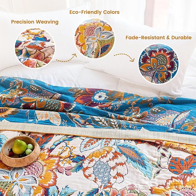 MSGKV Boho Throw Blanket 90"x90" Summer Cotton Floral Blanket for Couch | 100% Cotton Muslin, Floral Throw Blanket, Reversible Weave, Soft & Breathable, Everyday Home Comfort, Machine Washable