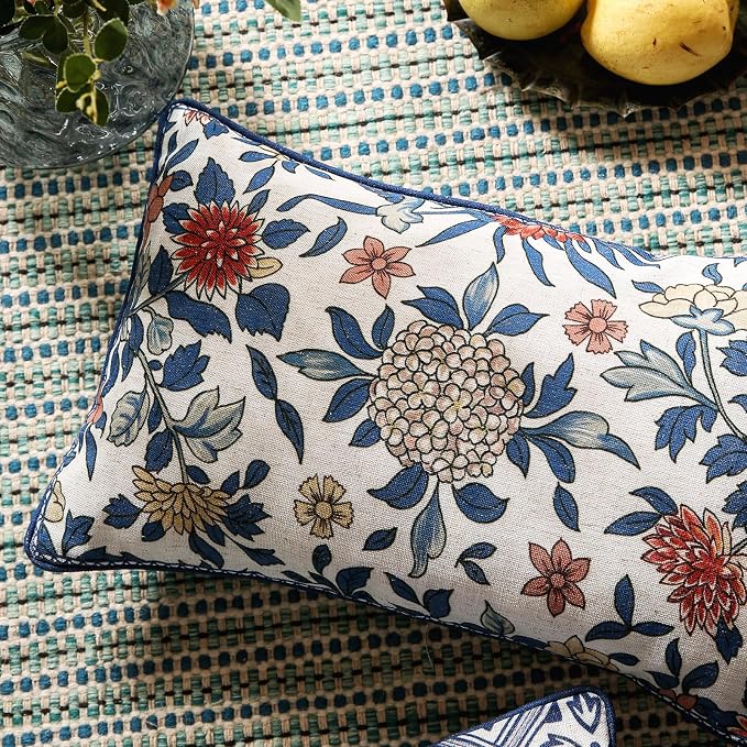 patdrea Designer Vintage Linen Throw Pillow Cover,12"x20",Set of 2-Ivar A | Decorative Pillow Cover,Blue and White Floral Pattern,Pillow Case for Couch Living Room Bedroom Sofa Outdoor