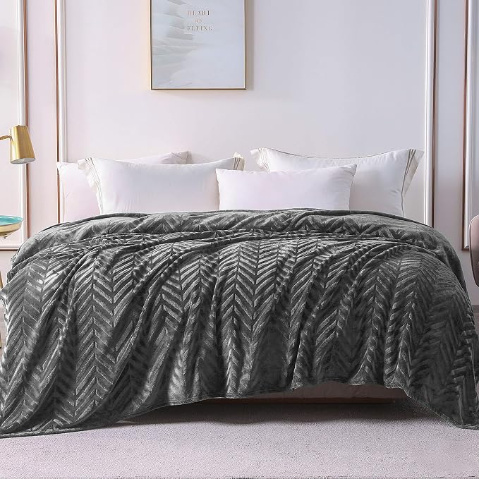 Whale Flotilla Flannel Fleece Fall Bed Blanket Twin XL Size, Dark Grey | Lightweight Breathable Soft Bedspread, Plush Fluffy Coverlet Chevron Design Decorative Blanket for Home Life, 90x66 Inch