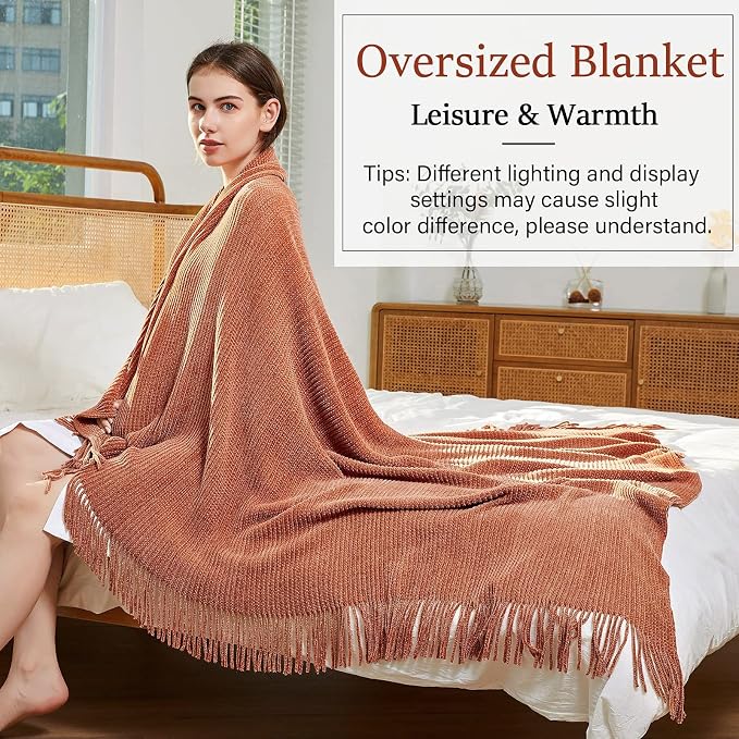 Blagic Chenille Throw Blanket for Couch and Bed,60" x 80",Maple Brown | Soft Farmhouse Boho Throw Blanket with Tassels,Decorative for Living Room,,Stripe Textured Throws for Bed/Chair/Sofa