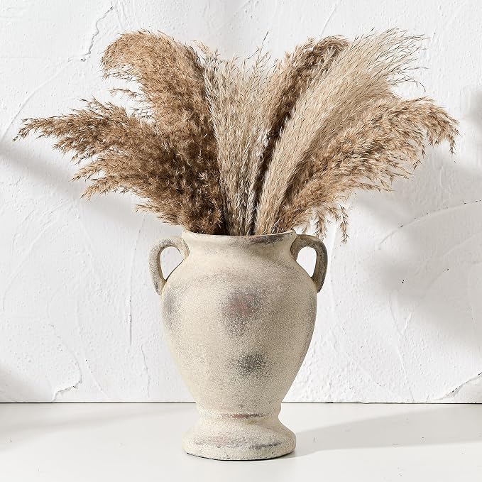 PORCER Ceramic Rustic Flower Vase with Handles, 8.46 Inch Tall Vintage Pottery Home Decor, Farmhouse Terracotta Vase for Living Room, Table, Shelf, Mantel Decoration, Farmhouse- Brown