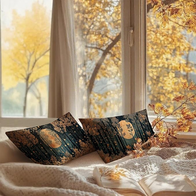 Vintage William Morris Inspired Gold Forest Moon Pillow Covers 20x12 Set of 2,Rustic Black and Gold Moon Nature Landscape Botanical Decorative Throw Pillow Covers for Home Bedroom Living Room