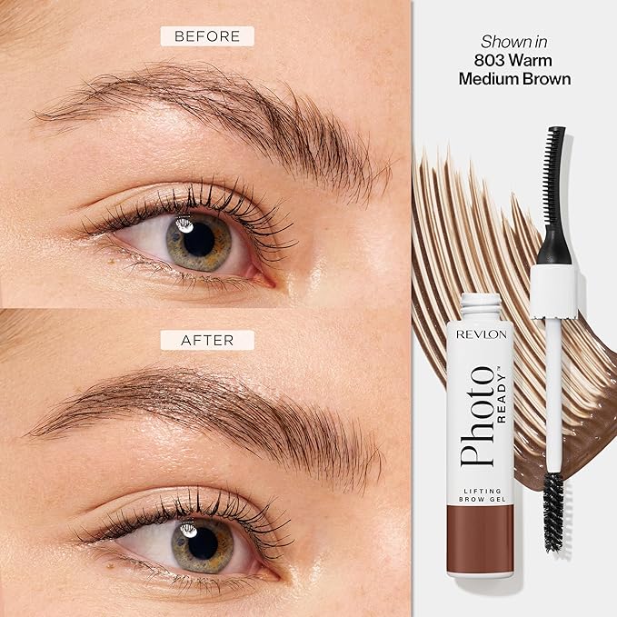 Revlon PhotoReady Lifting Brow Gel, Tinted Eyebrow Lamination with Spoolie Brush, Conditions, Shapes & Defines, 803 Warm Medium Brown, 0.23 fl oz