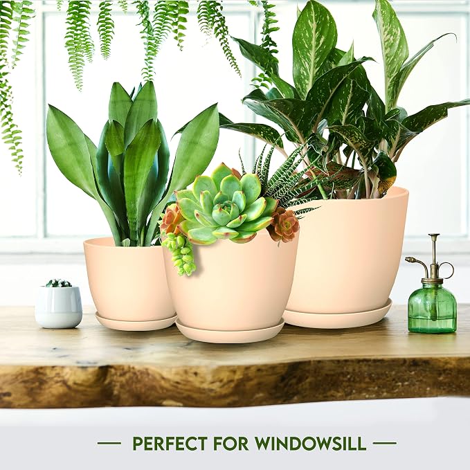 Plant Pots Indoor with Drainage, 5 Pack Multi-Size Planters Set, Pink | Drainage holes included Multiple sizes 7/6.6/6/5.3/4.8 In Indoor plants and flowers Durable plastic construction