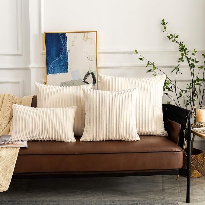 UGASA Pack of 2, Velvet Pillow Covers Striped, Soft Textured Throw Cushion Case Set, Accent Corduroy Lumbar Pillowcases with Hidden Zipper for Home Decor Indoor Outdoor (12"x20", Cream)