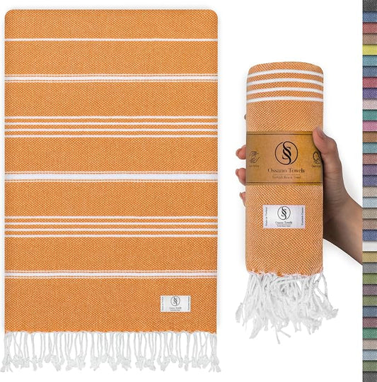 Ossano Turkish Beach Towel Striped & Smart Blend Oversized (39" x 71") - Quick Dry, Versatile and Functional as Picnic and Beach Blanket, Yoga, Pool, Travel and Gym Towels - Orange