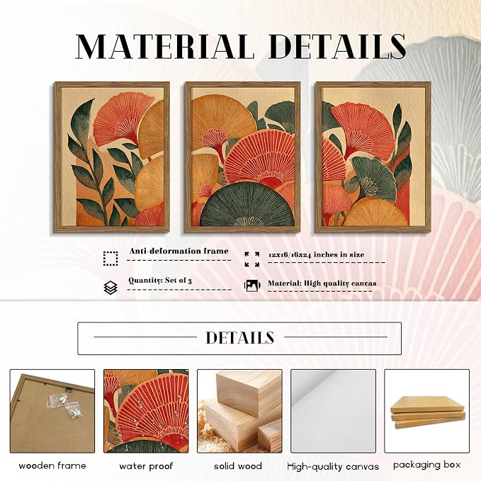 Framed Colorful Botanical Wall Art Set of 3, Vintage Ginkgo Leaves Canvas Wall Decor Paintings, Mid Century Abstract Flowers Posters Prints Pictures for Living Room Bedroom Bathroom 12x16 Inch