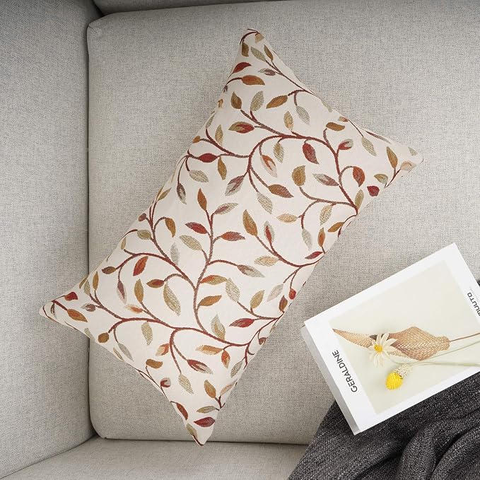 YOUR SMILE Farmhouse Oblong Rectangle Floral Chenille Embroidery Decorative Throw Pillow Case Cushion Cover Lumbar Pillowcase for Sofa 12 x 20 Inch, Brown Leaves