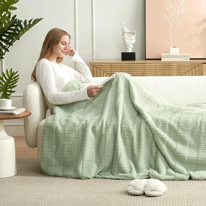 Luxury Striped Faux Fur Throw Blanket for Couch, Soft Cozy Fuzzy Fluffy Soft Plush Blankets Sofa Chair Gift Blankets for Women, 60"x80", Sage Green