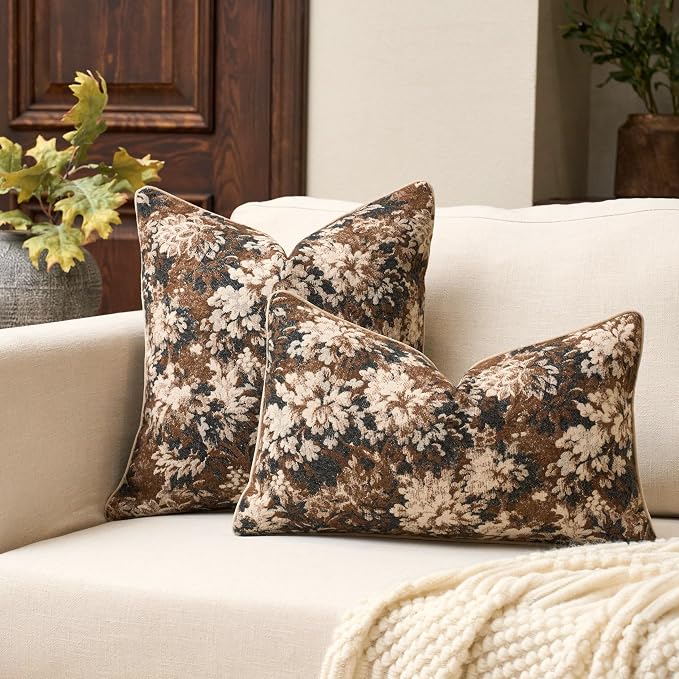 Neutral Floral Pillow Cover 20 x 20 Inches, Vintage Chenille Square Throw Pillow Cover Soft Decorative Farmhouse Accent Couch Pillow Cover for Living Room Bedroom, Coffee Brown