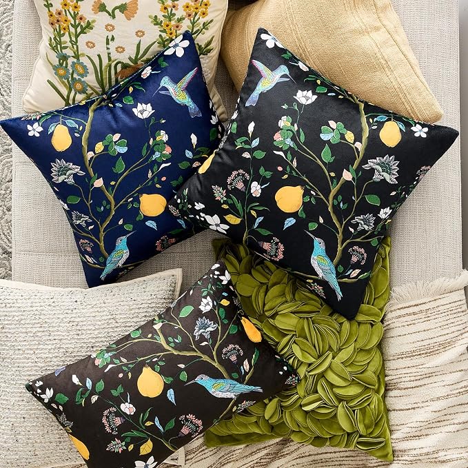 MUSSEL Navy Blue Velvet Floral Decorative 16x16 Pillow Covers Set of 2 | Soft Durable and Sturdy,Bird Plant,Throw Pillows Case,Square,Colorful Modern Cushion Covers,Home Sofa Bed Couch Decor
