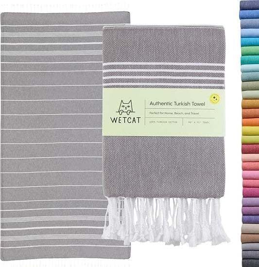 WETCAT Turkish Beach Towel Oversized (38"x71") 100% Turkish Cotton, Made in Turkey - Sand Free, Extra Large, Ultra Soft, Quick Drying, Compact & Lightweight for Travel - Dark Gray