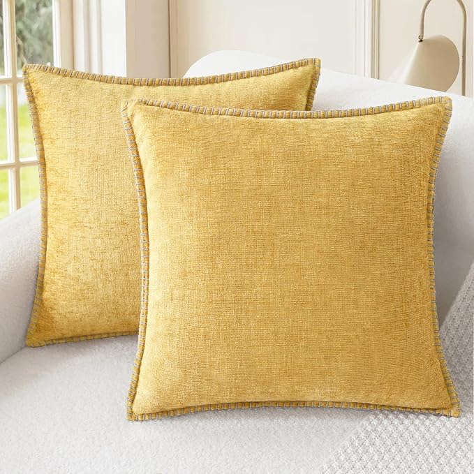 CaliTime Decorative Couch Throw Pillow Covers 18 X 18 Inches Gold | Pack of 2, Cozy Chenille Cushion Cases, Cotton Thread Stitching Edges, for Sofa Bed Living Room Farmhouse