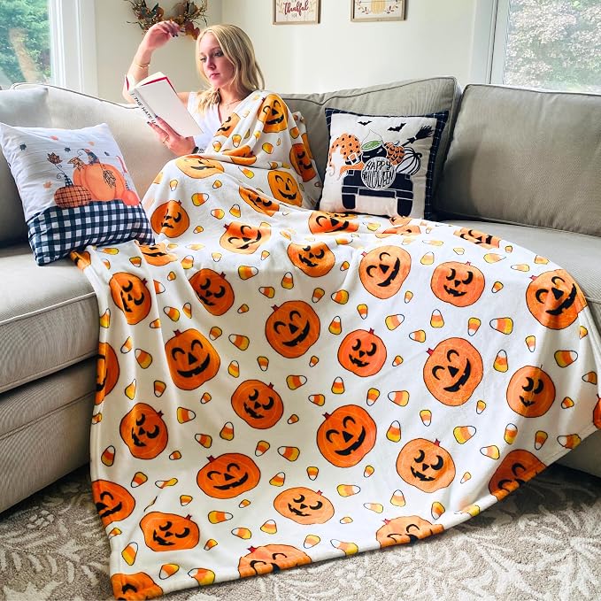 Halloween Fleece Throw Blanket, Jack-O'-Lanterns with Candy Corn, 50x70 in | Ultra-soft cozy flannel fleece, for sofa couch bed chair & dorms, spooky Halloween décor, durable and machine washable.