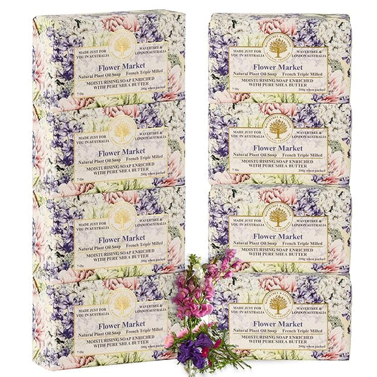 Wavertree & London Flower Market Scented Natural Soap (8 Bars), 7oz Moisturizing French Triple Milled Soap Bars enriched with shea butter - Pure Plant Oil Bath & Body Bars for All Skin Types