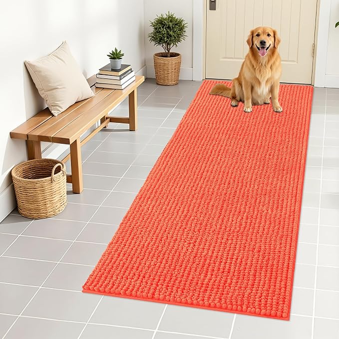 OLANLY Dog Door Mat for Muddy Paws 59x24, Extra Absorbent Chenille Mud Mat | Coral, Absorbs Moisture and Dirt, Non-Slip Machine Washable Doormat, Quick-Drying Indoor Entryway Floor Mat for Dogs