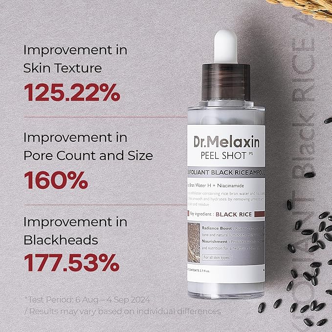 Dr.Melaxin Peel Shot Glow Black Rice Peeling Ampoule 80ml, Dead Skin Gentle Exfoliating Ampoule with Rice Water Extract, AHA BHA, Niacinamide, Daily Skin Texture Care, All Skin Types, Korean Skincare