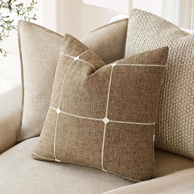 Foindtower Pack of 2 Decorative Faux Linen Jacquard Check Throw Pillow Covers Farmhouse Cushion Cover with Grid Textured Accent Pillowcase for Couch Sofa Living Room Home Decor,18×18 Inch,Tan Khaki