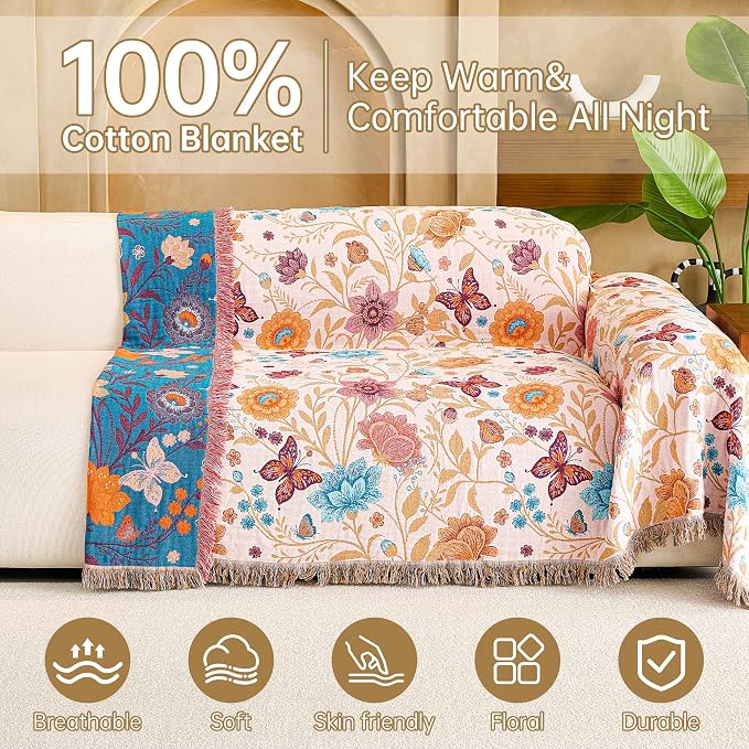 VANJOROY Boho Throw Blanket, 100% Organic Cotton Breathable Ultra Soft 60" x 80" Bed Quilt Throw - All Season Floral Rustic Farmhouse Decor Luxury Reversible Blanket for Sofa Couch Chair and Gift