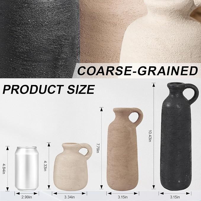 Ceramic Vase Set, 3Pcs Flower Vases for Modern Boho Farmhouse Decor, Decorative Vases for Pampas Grass & Dried Flowers, Distressed Finish