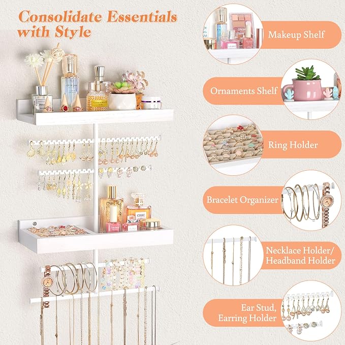 Keebofly Wall Mounted Jewelry Organizer with 2 Tired Shelves & Ring Holder- Jewelry Holder Wall Storage Display for Earrings, Necklace, Bracelet, Hair Accessories for girls in Bathroom Bedroom, White