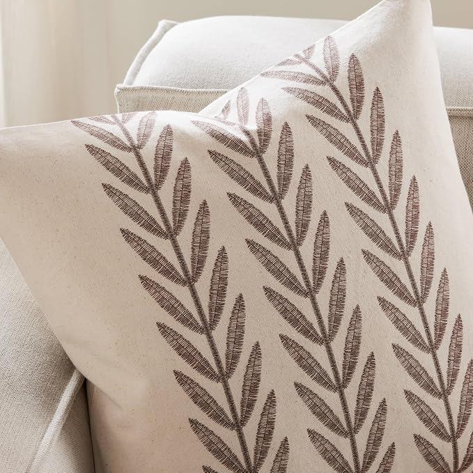 Farmhouse Leaves Throw Pillow Covers Set of 2, 18x18in Chocolate | 100% Organic Cotton, Rustic Accent Print Pillow Case, Pastoral Decorative Cushion Covers for Sofa Bed Living Room Home Decor