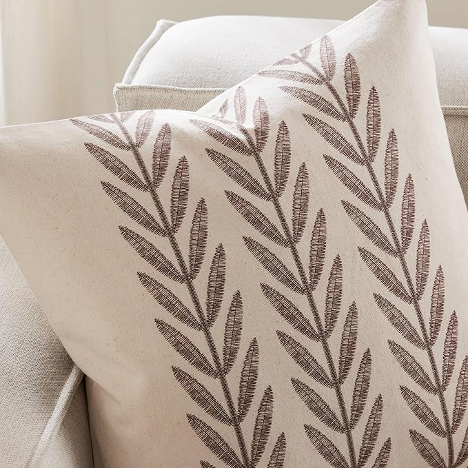 Farmhouse Leaves Throw Pillow Covers Set of 2, 24x24in Chocolate | 100% Organic Cotton, Rustic Accent Print Pillow Case, Pastoral Decorative Cushion Covers for Sofa Bed Living Room Home Decor