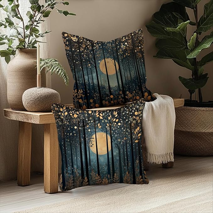 Vintage William Morris Inspired Gold Moon Pillow Covers 18x18 Set of 2,Rustic Black and Gold Moon Forest Botanical Nature Landscape Decorative Throw Pillow Covers for Home Bedroom Living Room