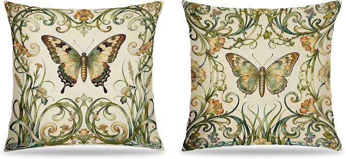 Vintage Floral Butterfly Pillow Covers 18x18 Set of 2, Butterfly Room Decor, Cottagecore Art Nouveau Nature Insect Decorative Pillow Covers for Home Living Room Bedroom