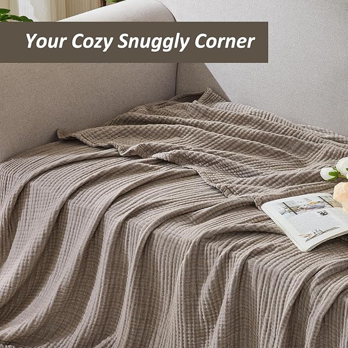 EMME Cotton Muslin Twin XL Blanket Breathable Gauze Soft Lightweight Blankets Adults Gifts for Women (Heather Brown, 66"x90")