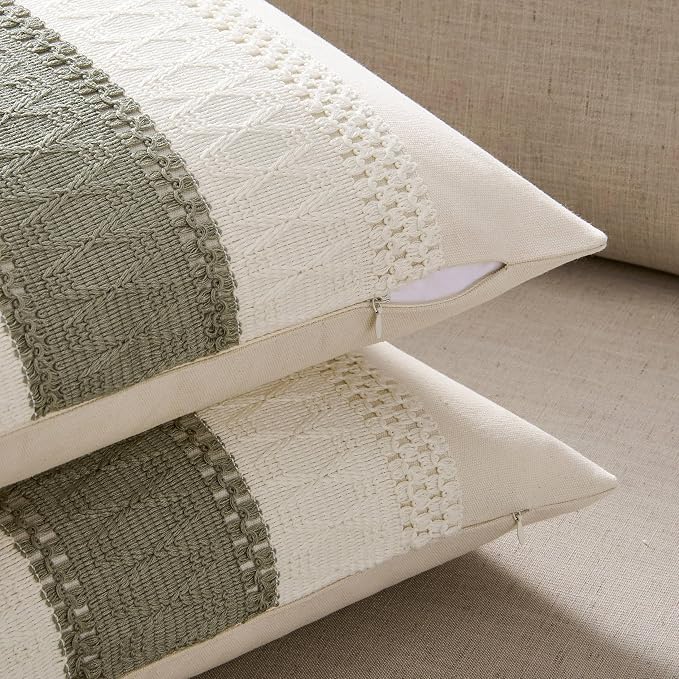 2 Pack Boho Throw Pillow Covers, Contrast Dark Sage 24x24in | Soft Breathable Cotton, Farmhouse Decorative Couch Pillow Cases, Cushion Covers for Sofa Bed Living Room Home Decor