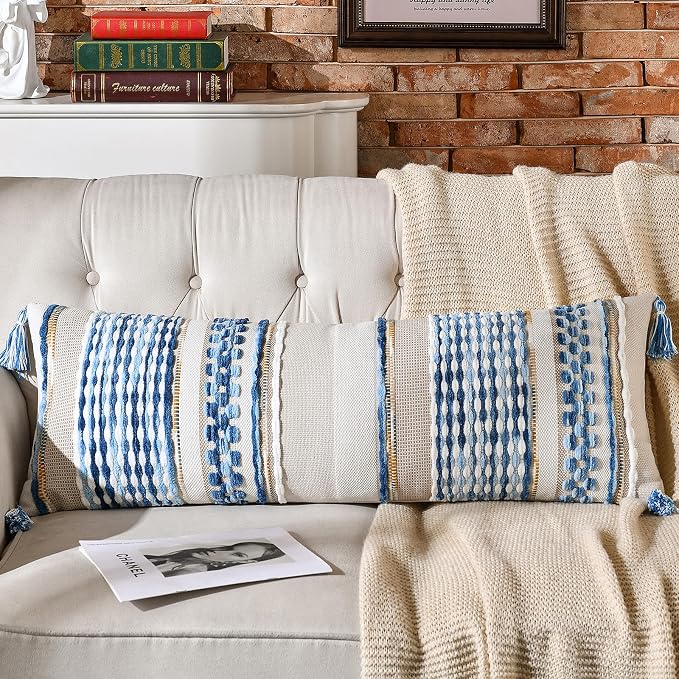 Chenille Striped Textured Boho Throw Pillow Covers Aesthetic with Tassels Woven Decorative Pillow Case for Couch Bed Sofa Bedroom Modern Funky 14 x 36-Inch Sky Blue