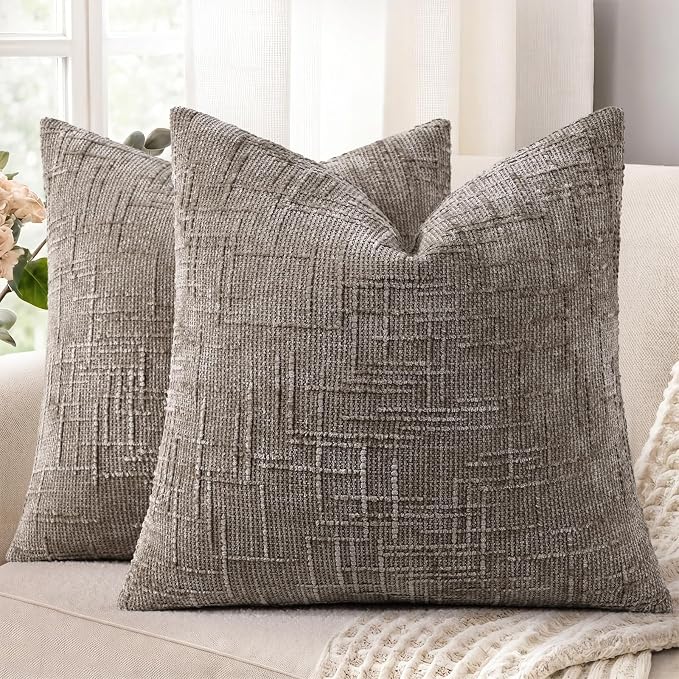 decorUhome Textured Chenille Throw Pillow Covers 16x16 Set of 2 Taupe | Fall Modern Farmhouse Soft Cozy Slubby Couch Pillow Cases Boho Decorative Pillow Cases for Bed Sofa Living Room Home Decor