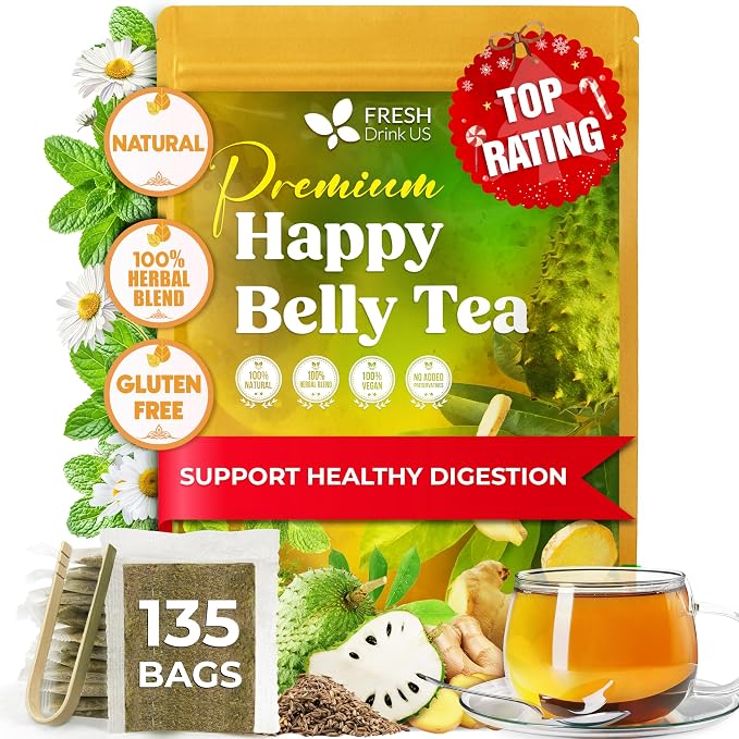 FreshDrinkUS, Premium Happy Belly Tea | 135 Tea Bags | Herbal Tea Blend with Soursop Leaves, Ginger, Fennel Seed, Lemon Balm, Cinnamon, Papaya Leaves & Rose Hip – Naturally Caffeine Free. Sugar Free