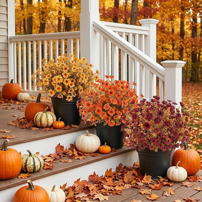 24 Pcs Artificial Fall Flowers, Fake Mums Outdoors, Deep Orange | Lifelike faux mums, silk flower, UV resistant, no-maintenance, for autumn Thanksgiving garden porch yard indoor outdoor decor