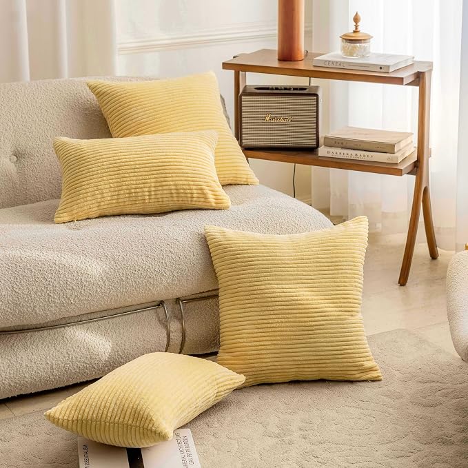 Home Brilliant Summer Pillow Cover 18x18 Decorative Striped Pillowcase Soft Plush Corduroy Throw Pillows for Couch Sofa Living Room Decor, 18 x 18 inch (45cm), Light Yellow
